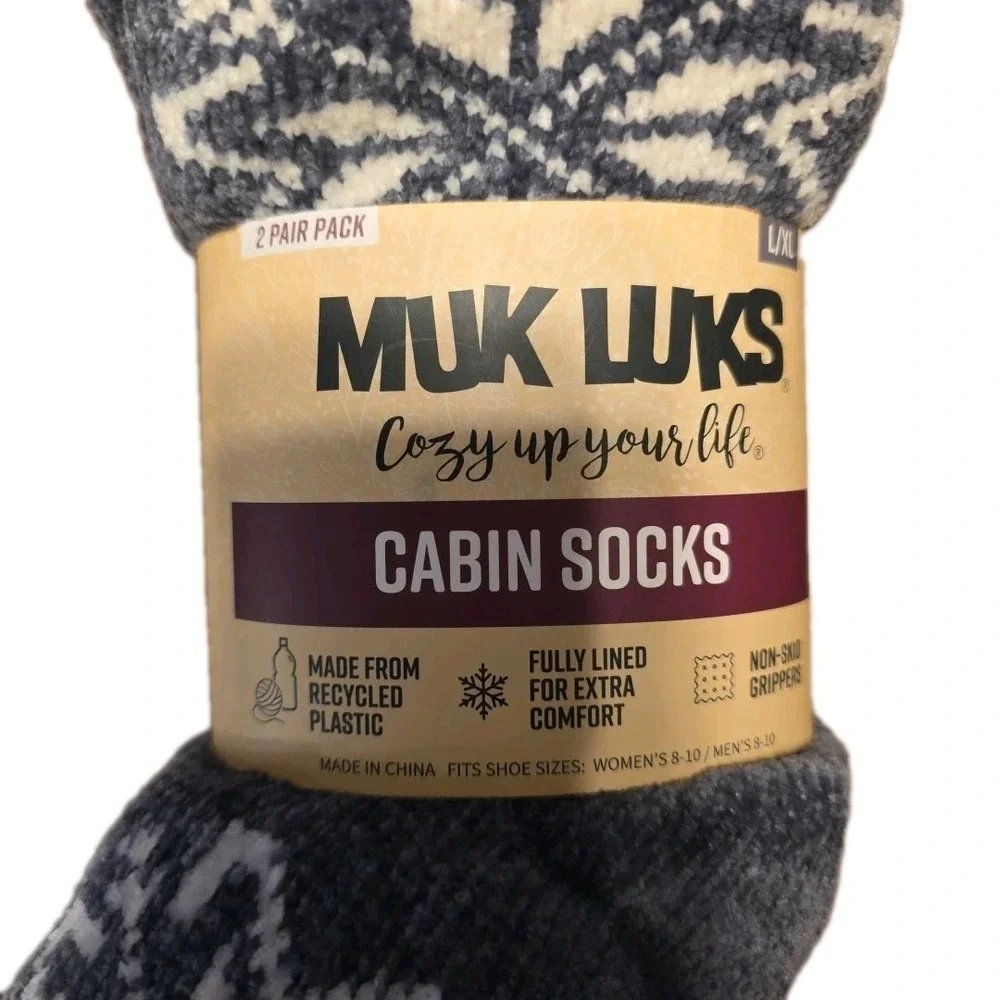 NEW Muk Luks Women 2-Pack NonSlip Bottom Cabin Socks Gray Purple Size‎ L/XL 8-10